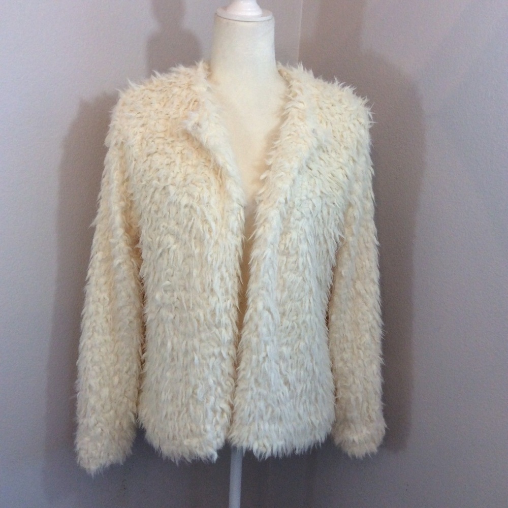Cotton Bleu Ivory Cream Fuzzy Faux Fur Jacket Coat